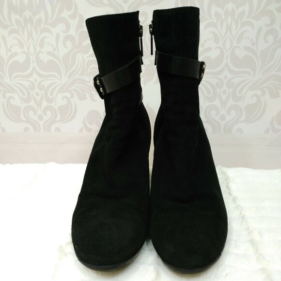 Aquatalia Black Suede Stretch Ankle Boots Womens 9.5 Heels Buckle Side Zip - Picture 4 of 12
